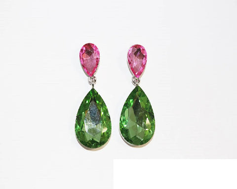 Tear Drop Earrings Pink and Green Clip On