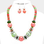 BEAD & WOOD DISC CLUSTER NECKLACE AND BRACELET SET - Pink and Green