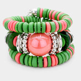 BEAD & WOOD DISC CLUSTER NECKLACE AND BRACELET SET - Pink and Green
